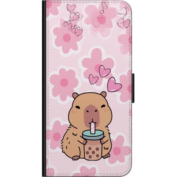 Kompatibel Tegnebogsetui til OnePlus 9 Pro Sød tegnet kapybara med bubble tea, lyserøde hjerter og store blomster på en legesyg lyserød baggrund pink