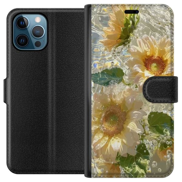 Kompatibelt Plånboksfodral till Apple iPhone 12 Pro Max Ljusgula solrosor med gröna blad i glittrande vatten och bubblor gul