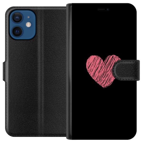 Kompatibel Tegnebogsetui til Apple iPhone 12 mini Håndtegnet lyserødt hjerte på sort minimalistisk baggrund