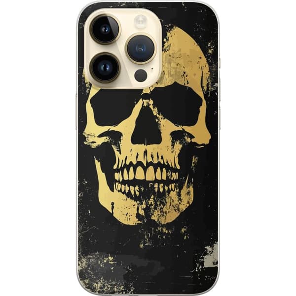 Kompatibel Mobilcover til Apple iPhone 14 Pro Stor gul dødningehoved i slidt grungestil mod sort baggrund sort