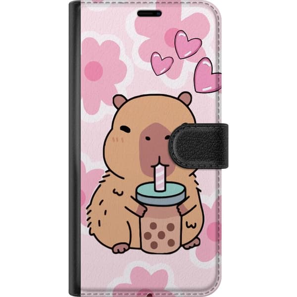 Kompatibel Tegnebogsetui til Apple iPhone 17 Sød kapybara, der drikker bubble tea med hjerter og lyserød blomsterbaggrund. pink