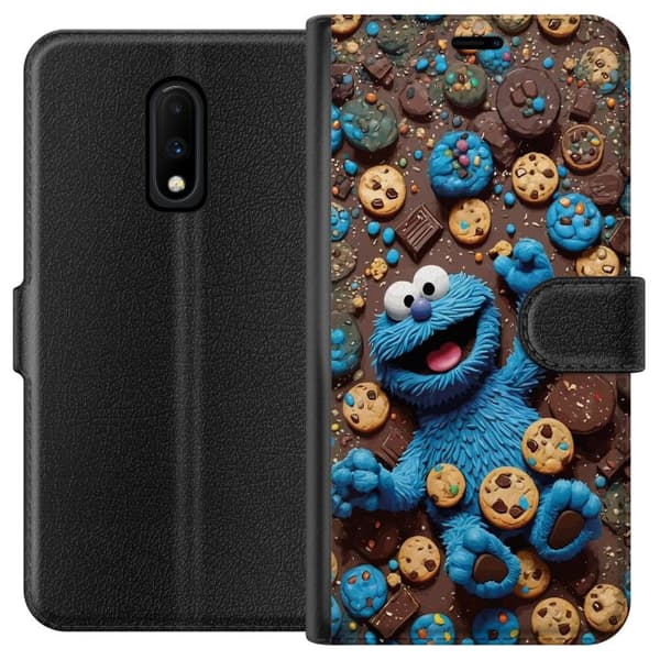 Kompatibelt Plånboksfodral till OnePlus 7 Lekfull blå tecknad figur omgiven av kakor blå