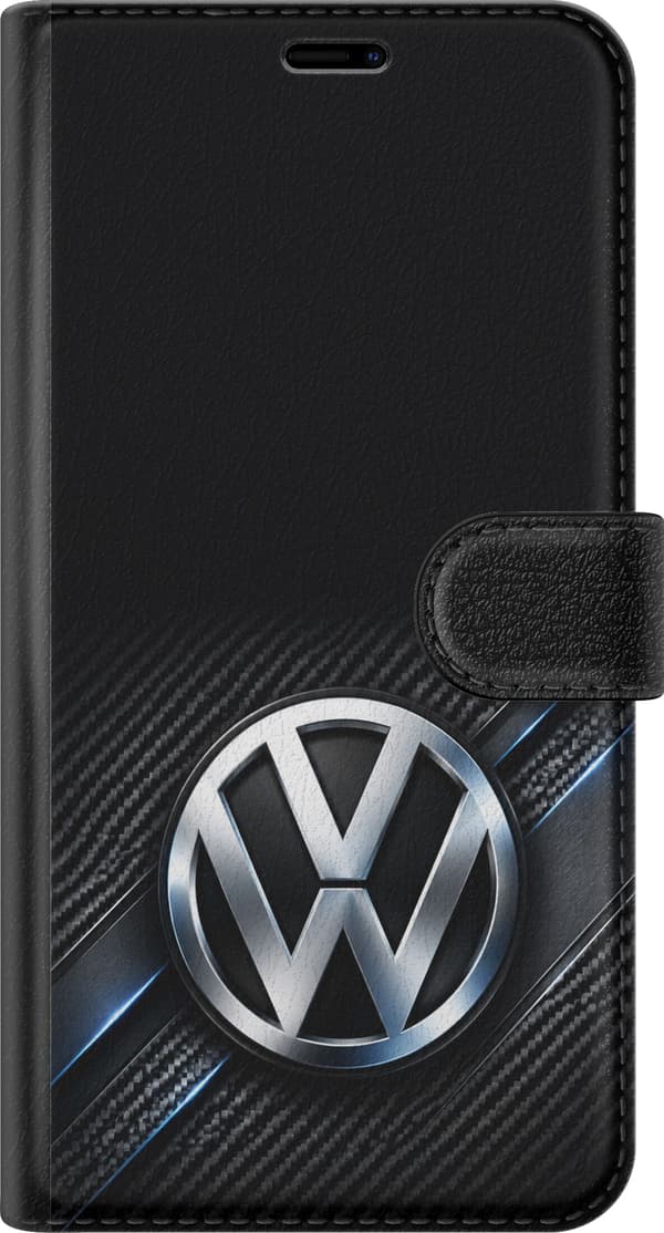 Kompatibel Tegnebogsetui til Apple iPhone 7 Plus Volkswagen – Sølvfarvet VW-monogram – Rundt sølvfarvet VW-symbol på sort baggrund med blå og grå dia sort
