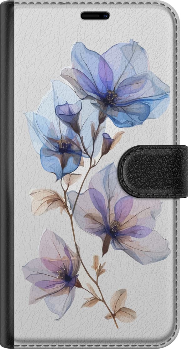 Kompatibel Tegnebogsetui til Google Pixel 10a Elegant blomstermotiv med transparente blå og lilla blomster samt tynde brune stilke blå