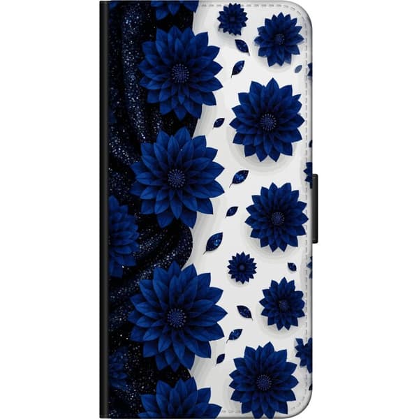 Kompatibel Tegnebogsetui til Samsung Galaxy Note 4 Store mørkeblå blomster og dekorative blade mod en kontrasterende hvid baggrund blå