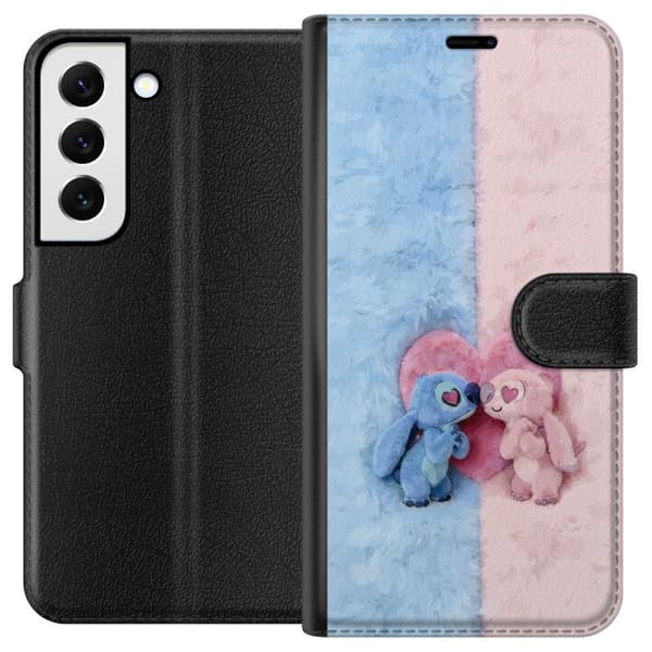 Kompatibel Tegnebogsetui til Samsung Galaxy S22 5G Søde blå og lyserøde figurer foran et stort lyserødt hjerte pink