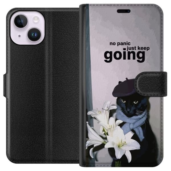 Kompatibel Tegnebogsetui til Apple iPhone 14 Sort kat med basker og hvide blomster sammen med motiverende citater, charmerende dyremotiv grå