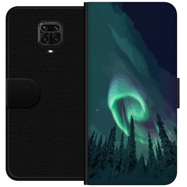 Kompatibelt Plånboksfodral till Xiaomi Redmi Note 9S Norrsken över vinterlandskap grön