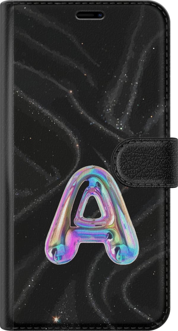 Kompatibel Tegnebogsetui til Google Pixel 10 Sort glitrende baggrund med stort holografisk bogstav A i skinnende regnbuefarver sort