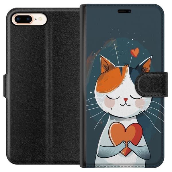 Kompatibel Tegnebogsetui til Apple iPhone 8 Plus Sød illustreret kat, der holder et orange og rødt hjerte mod mørkeblå baggrund blå