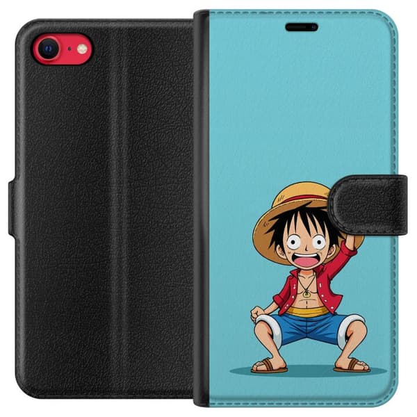 Kompatibel Tegnebogsetui til Apple iPhone 8 Luffy med stråhat og rød jakke mod lyseblå baggrund blå