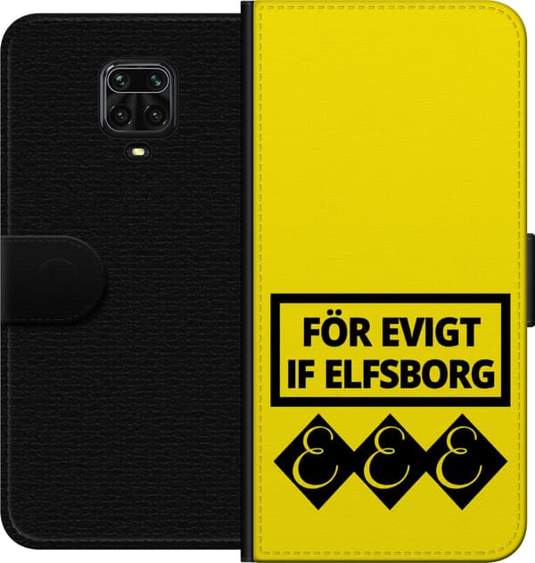 Kompatibel Tegnebogsetui til Xiaomi Redmi Note 9S Gul evighedstekst - Sort supportertekst i rektangulær ramme over tre sorte symboler på gul baggrund gul