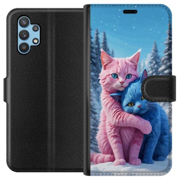Kompatibel Tegnebogsetui til Samsung Galaxy A32 5G Søde lyserøde og blå katte, der krammer i sneklædt vinterlandskab blå