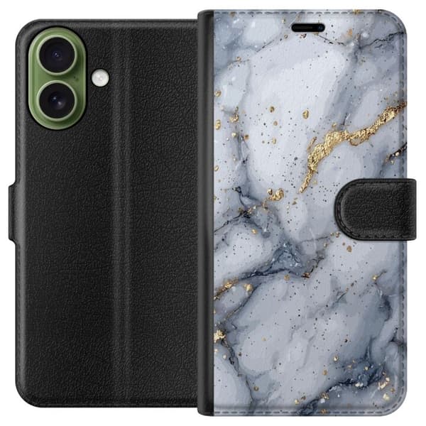 Kompatibelt Plånboksfodral till Apple iPhone 18 Vit och grå marmor med eleganta ådringar, guldsprickor och skimrande detaljer vit