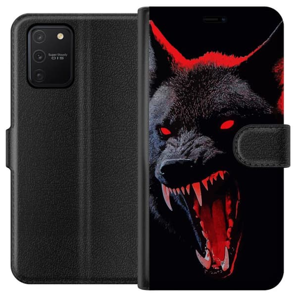 Kompatibel Tegnebogsetui til Samsung Galaxy S10 Lite Dramatisk ulveportræt med lysende røde øjne og blottede tænder mod sort baggrund sort