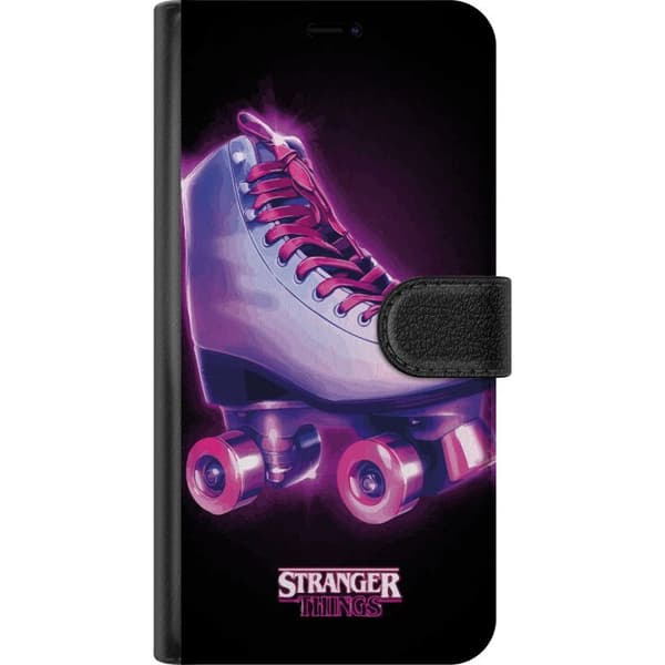 Kompatibel Tegnebogsetui til Apple iPhone 16 Pro Max Lilla rulleskøjte med lyserøde snørebånd og lysende hjul på sort retro-neonmotiv sort