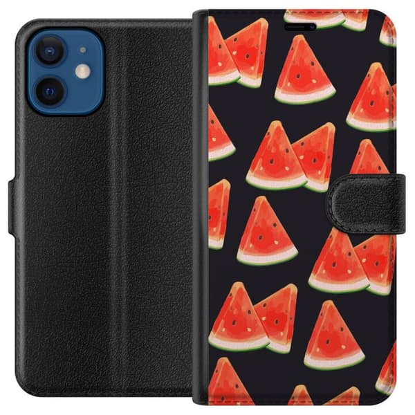 Kompatibel Tegnebogsetui til Apple iPhone 12 mini Vandmelonmønster, sommerfrugtskiver, vandmelon, sommer, mønster, mørk baggrund