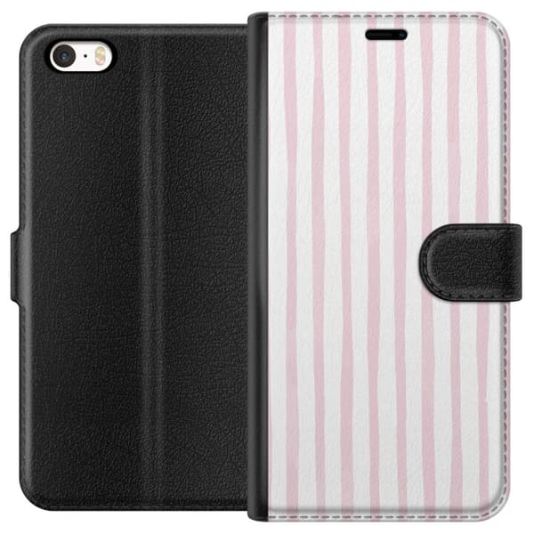 Kompatibel Tegnebogsetui til Apple iPhone SE (2016) Lyserøde og hvide håndtegnede lodrette striber, minimalistisk stribet mønster med lyst design pink
