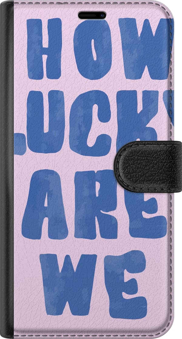 Kompatibel Tegnebogsetui til Google Pixel 11 Pro Stor blå ”How Lucky Are We”-tekst på lyserød baggrund pink