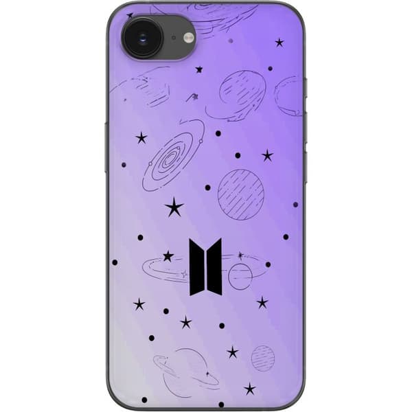 Kompatibelt Mobildeksel til Apple iPhone 17e BTS-logo omgitt av planeter, stjerner og galakseillustrasjoner lila