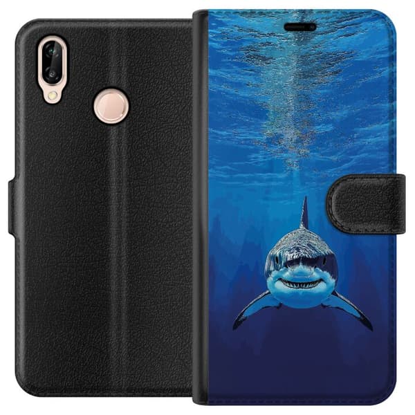 Kompatibelt Plånboksfodral till Huawei P20 lite Närbild av en vithaj under vattnet blå