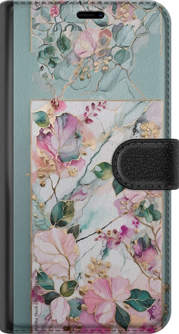 Kompatibel Tegnebogsetui til Google Pixel 10 Pro Elegant blomstermotiv med lyserøde blomster, grønne blade, marmoreret baggrund og gulddetaljer pink