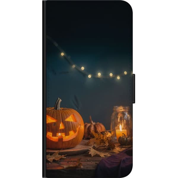 Kompatibel Tegnebogsetui til Samsung Galaxy Note20 Lysende halloween-græskar omgivet af levende lys og efterårsblade orange