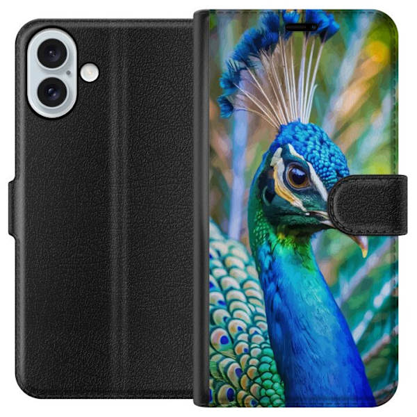 Apple iPhone 16 Plus Plånboksfodral Påfågel Fjädrar Färgstark Design Fågelmotiv Exotiskt Grafiskt Motiv Natur Lyxig Dekoration