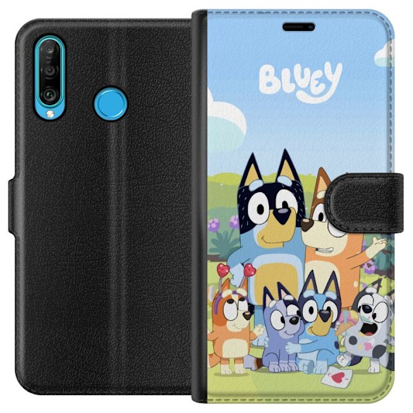 Huawei P30 lite Plånboksfodral Bluey mobilskal med hela familjen i färgglad design