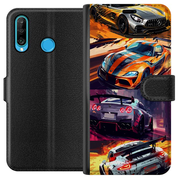 Huawei P30 lite Lompakkokotelo Ralli kuume - vauhdikas teema ralliautoilla