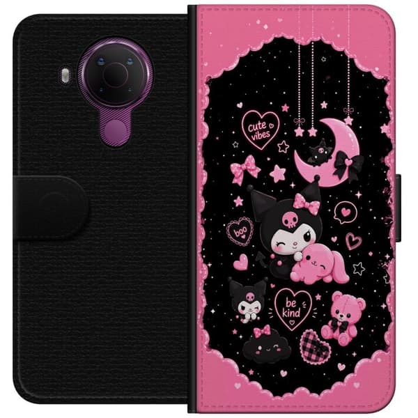 Kompatibel Tegnebogsetui til Nokia 5.4 Søde lyserøde og sorte gothfigurer med hjerter, måne, stjerner og positiv tekst sort