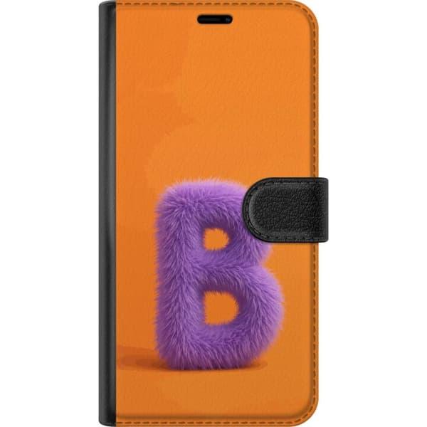 Kompatibel Tegnebogsetui til Apple iPhone 15 Pro Max Lilla loddet bogstav B med blød pelsstruktur på orange baggrund orange