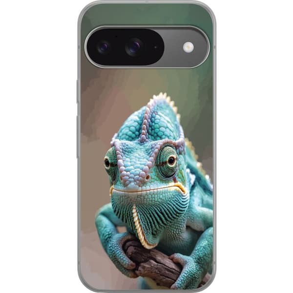 Kompatibelt Mobildeksel til Google Pixel 9 Nærbilde av blågrønn kameleon med detaljerte skjell turkis