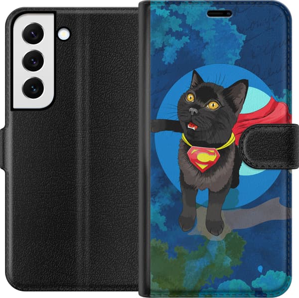 Kompatibelt Lommeboketui til Samsung Galaxy S22 5G Blå kattgrafikk blå