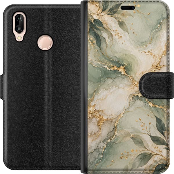 Kompatibelt Plånboksfodral till Huawei P20 lite Bladmarmor grön