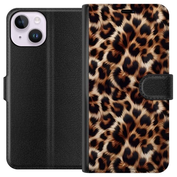 Kompatibel Tegnebogsetui til Apple iPhone 14 Nær billede af leopardmønster med bløde pelsdetaljer i brune og sorte nuancer