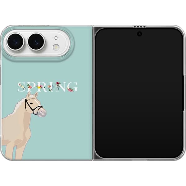 Kompatibelt Mobildeksel til Apple iPhone Duo Lys hest med blomster og teksten "Spring" mot mintgrønn bakgrunn grønn