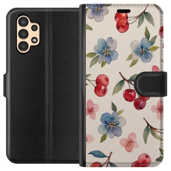 Samsung Galaxy A13 Lommeboketui Bær & Blomster - mønster med blå blomster og skogsbær