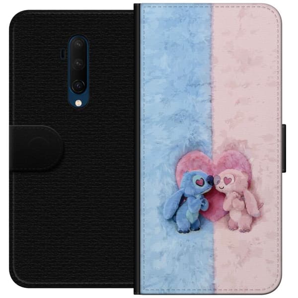 Kompatibel Tegnebogsetui til OnePlus 7T Pro Søde blå og lyserøde figurer foran et stort lyserødt hjerte pink