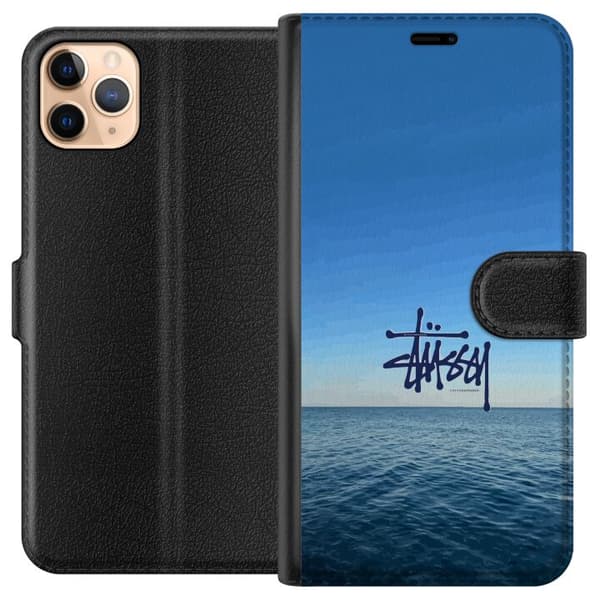 Kompatibelt Lommeboketui til Apple iPhone 11 Pro Max Havspanorama med blå himmel og stilig surf-inspirert logo blå