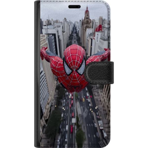 Kompatibelt Plånboksfodral till Samsung Galaxy S20+ Spiderman flyger över stad Marvel superhero action scen city skyline dynamic pose comic hero red