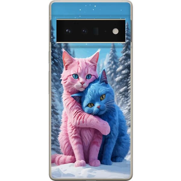 Kompatibel Mobilcover til Google Pixel 6 Pro Søde lyserøde og blå katte, der krammer i sneklædt vinterlandskab blå