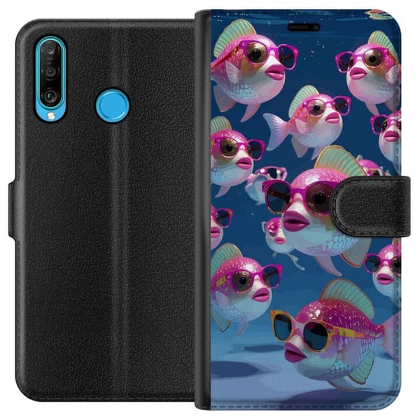 Kompatibel Tegnebogsetui til Huawei P30 lite Fiskar med solglasögon blå