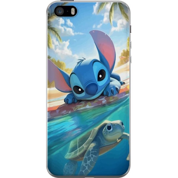 Apple iPhone SE (2016) Läpinäkyvä kuori Stitch kilpikonnalla - söpö sininen avaruusolento trooppisessa rantaympäristössä Disneyn tapaan