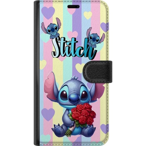 Kompatibel Tegnebogsetui til Apple iPhone 16 Plus Romantisk illustration af Stitch der holder røde roser mod stribet baggrund