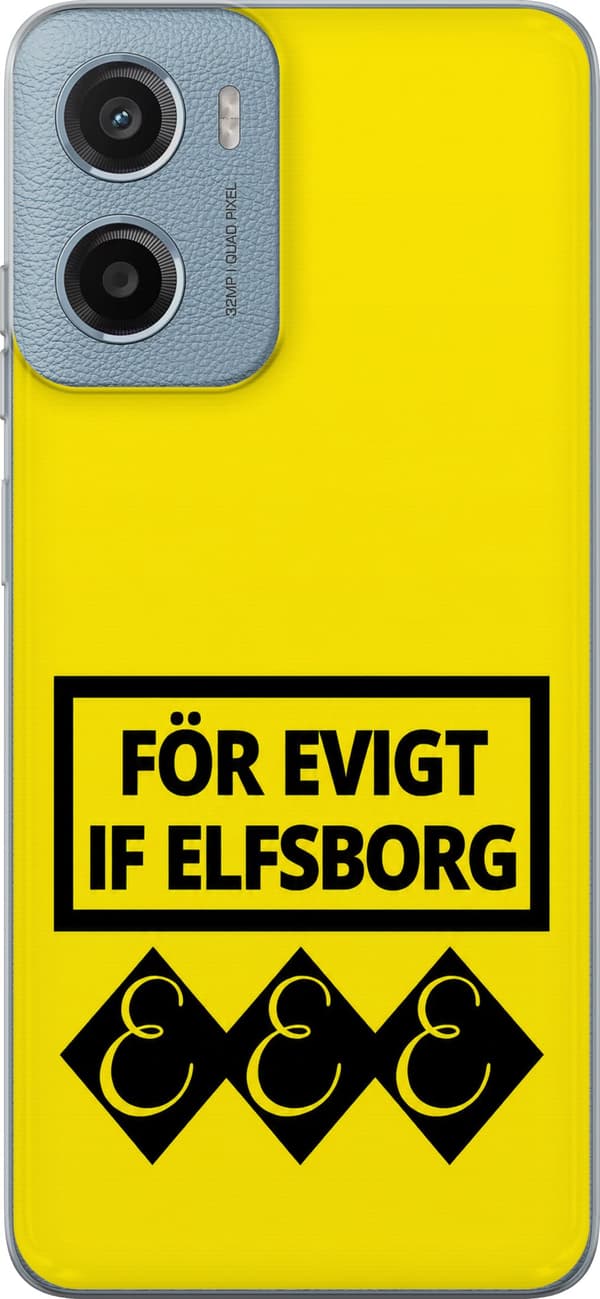 Kompatibel Mobilcover til Motorola Moto E15 Gul evighedstekst - Sort supportertekst i rektangulær ramme over tre sorte symboler på gul baggrund gul