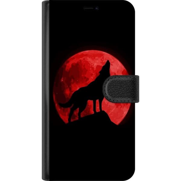 Kompatibel Tegnebogsetui til Apple iPhone 14 Plus Sort silhuet af en hylende ulv foran en intenst rød fuldmåne mod en sort baggrund sort