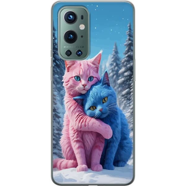 Kompatibel Mobilcover til OnePlus 9 Pro Søde lyserøde og blå katte, der krammer i sneklædt vinterlandskab blå