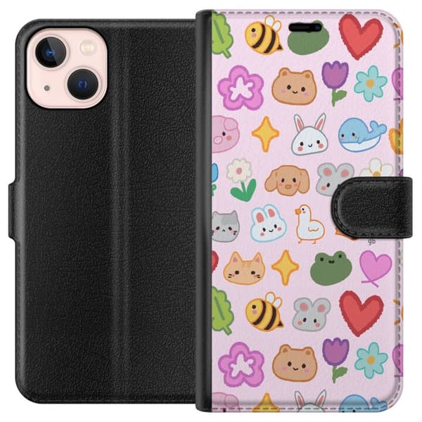 Kompatibelt Lommeboketui til Apple iPhone 13 mini Kawaii-ikoner med dyr, blomster og hjerter