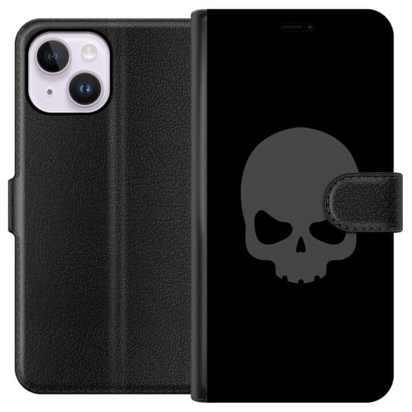 Kompatibel Tegnebogsetui til Apple iPhone 15 Plus Enkel kranie i grå nuancer mod sort baggrund, stilrent og moderne design